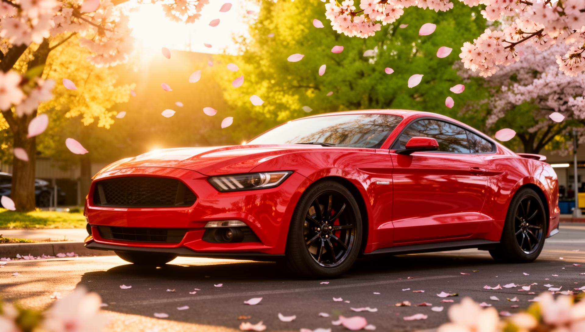 Sacramento auto body shop spring repair special - freshly repaired car with cherry blossoms