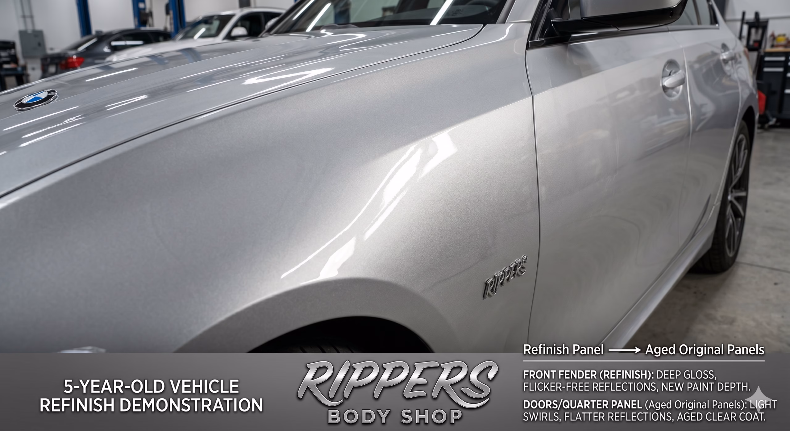 Side of a five-year-old car showing the front fender with slightly deeper, glossier paint compared to the adjacent door and quarter panel, indicating a more recently refinished section.