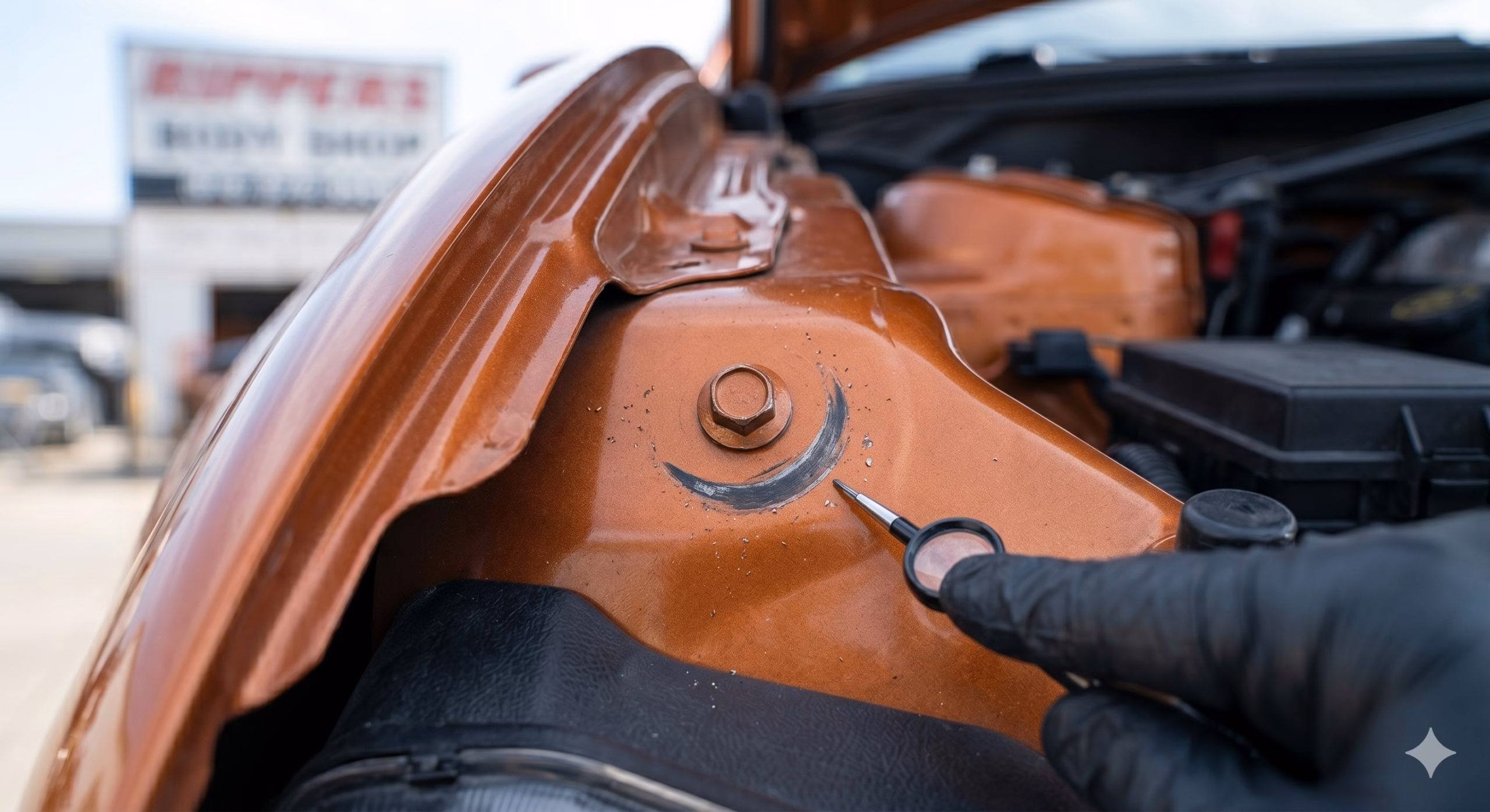 Close-up showing a small crescent-shaped scuff mark around the head of a fender bolt — a classic witness mark left by a removal tool.