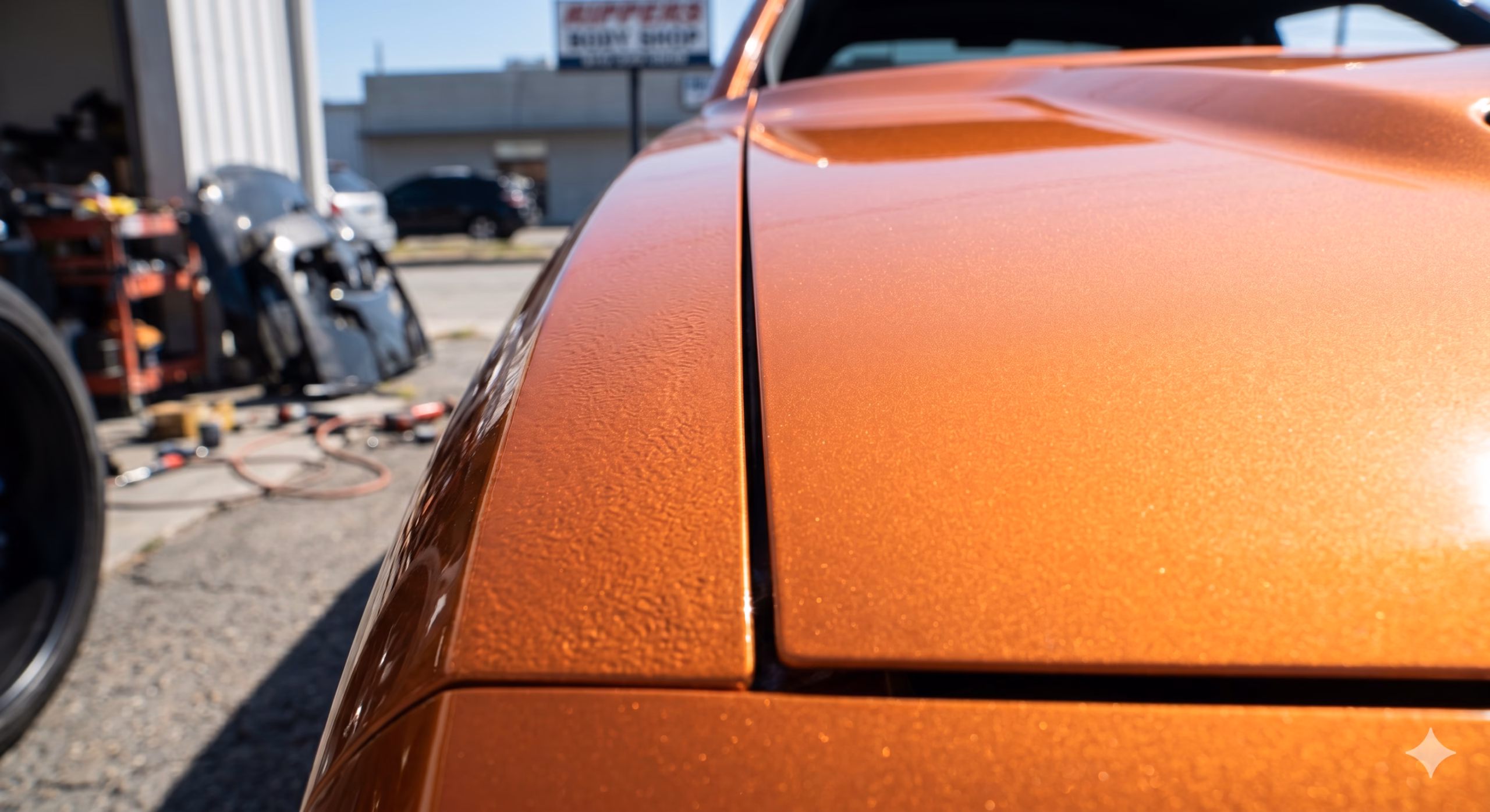 Close-up of a hood-to-fender panel gap showing one corner wider than the other, indicating a likely realigned panel.