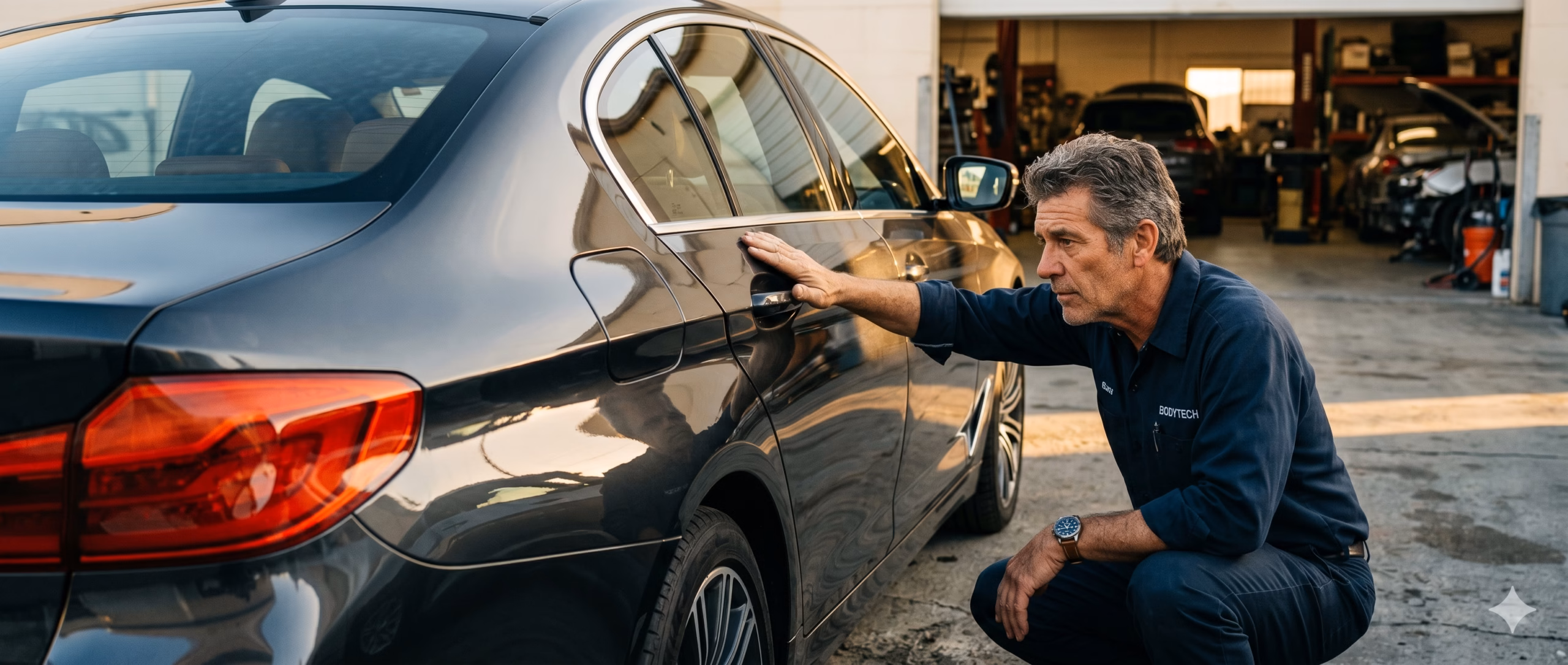 A technician inspecting a used car panel in direct sunlight, looking down the body line for paint texture differences.
