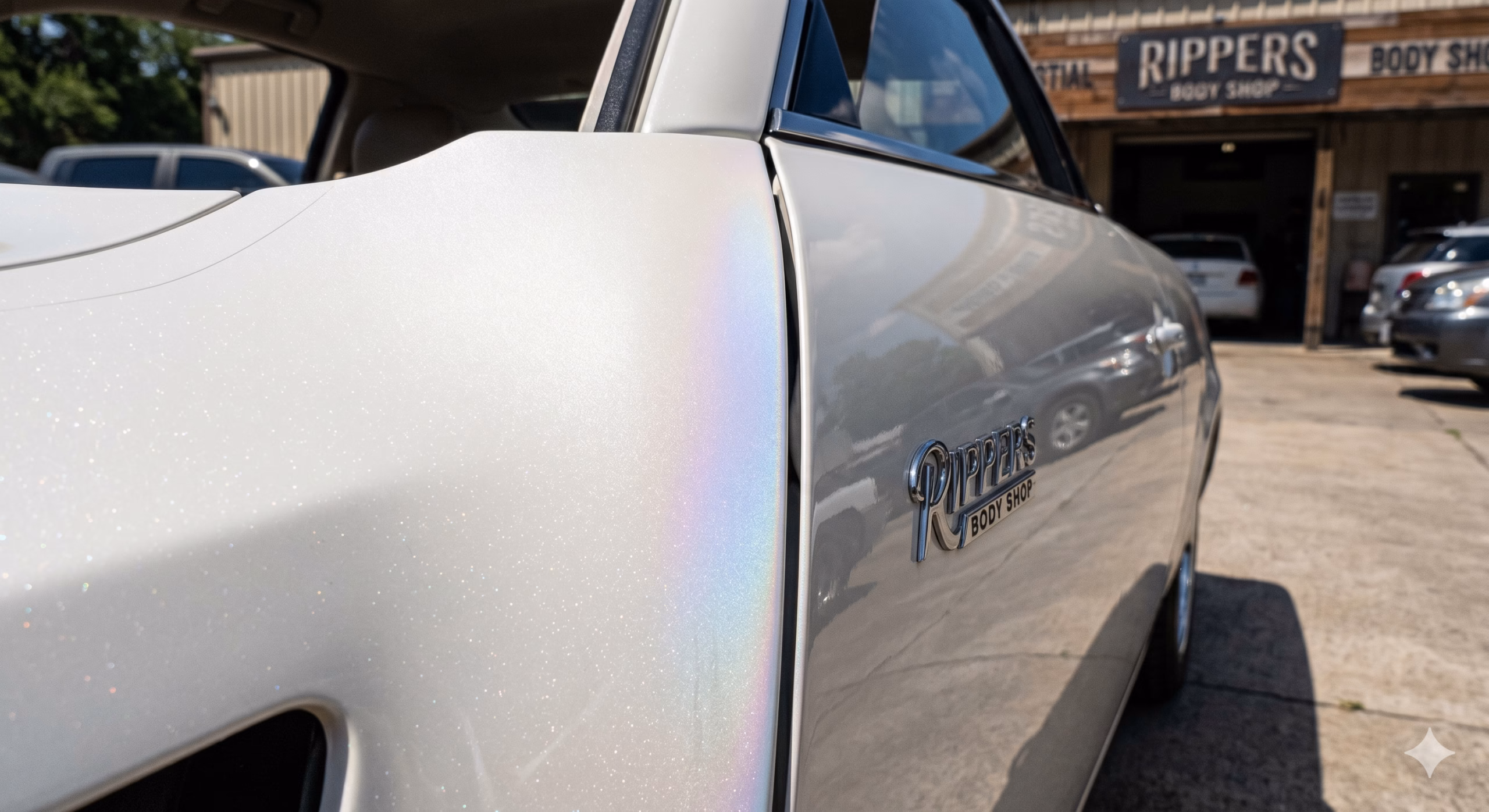 Close-up of a pearl-white car door and front fender in direct sunlight, with a subtle color shift visible at the seamC.