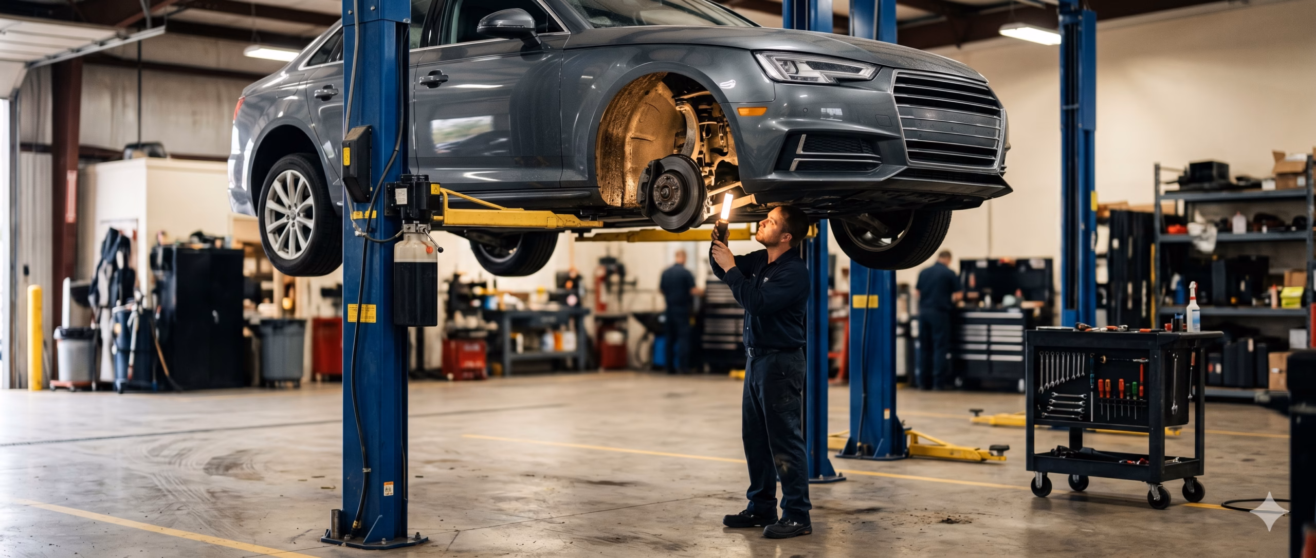 A used sedan raised on a four-post shop lift inside a body shop bay while a technician inspects the underside with a flashlight.
