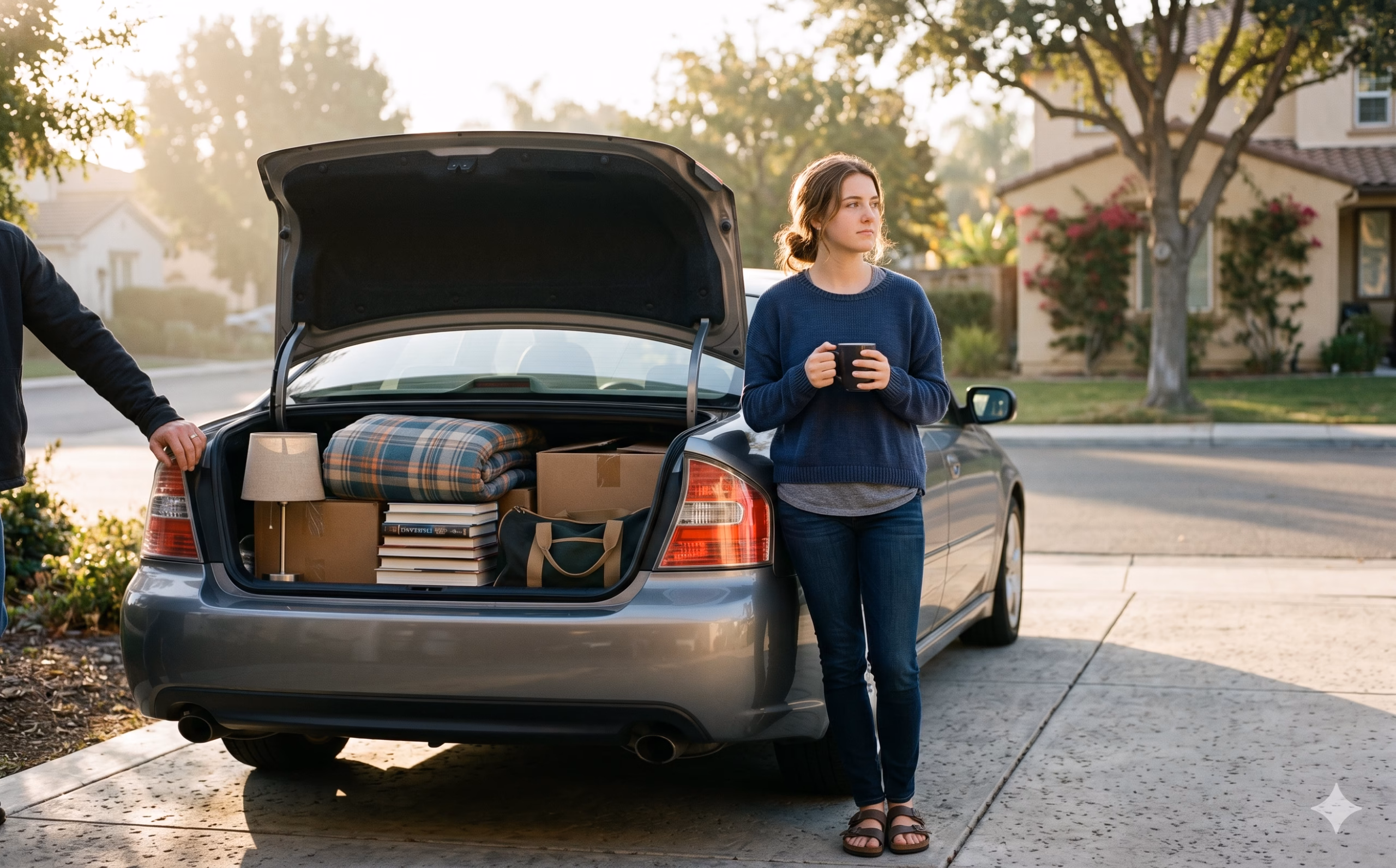 A young adult standing beside a packed sedan in a driveway, the trunk open and college dorm boxes visible inside, ready for a long-distance drive.