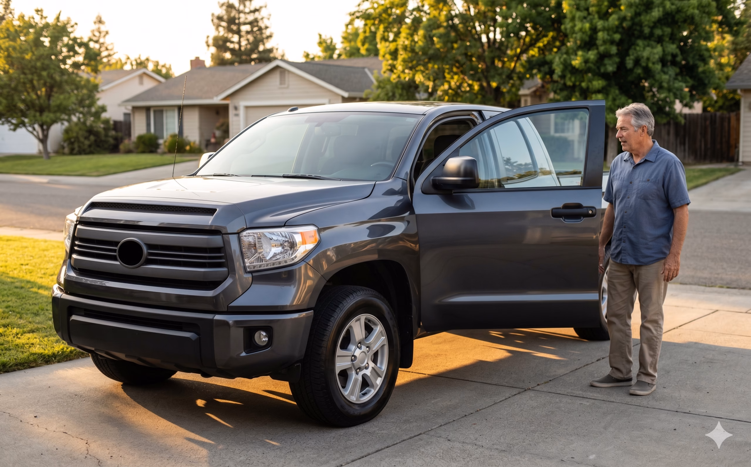 A polished work truck in a residential driveway with the cab door open, suggesting a recent detail or refresh in time for Father's Day.