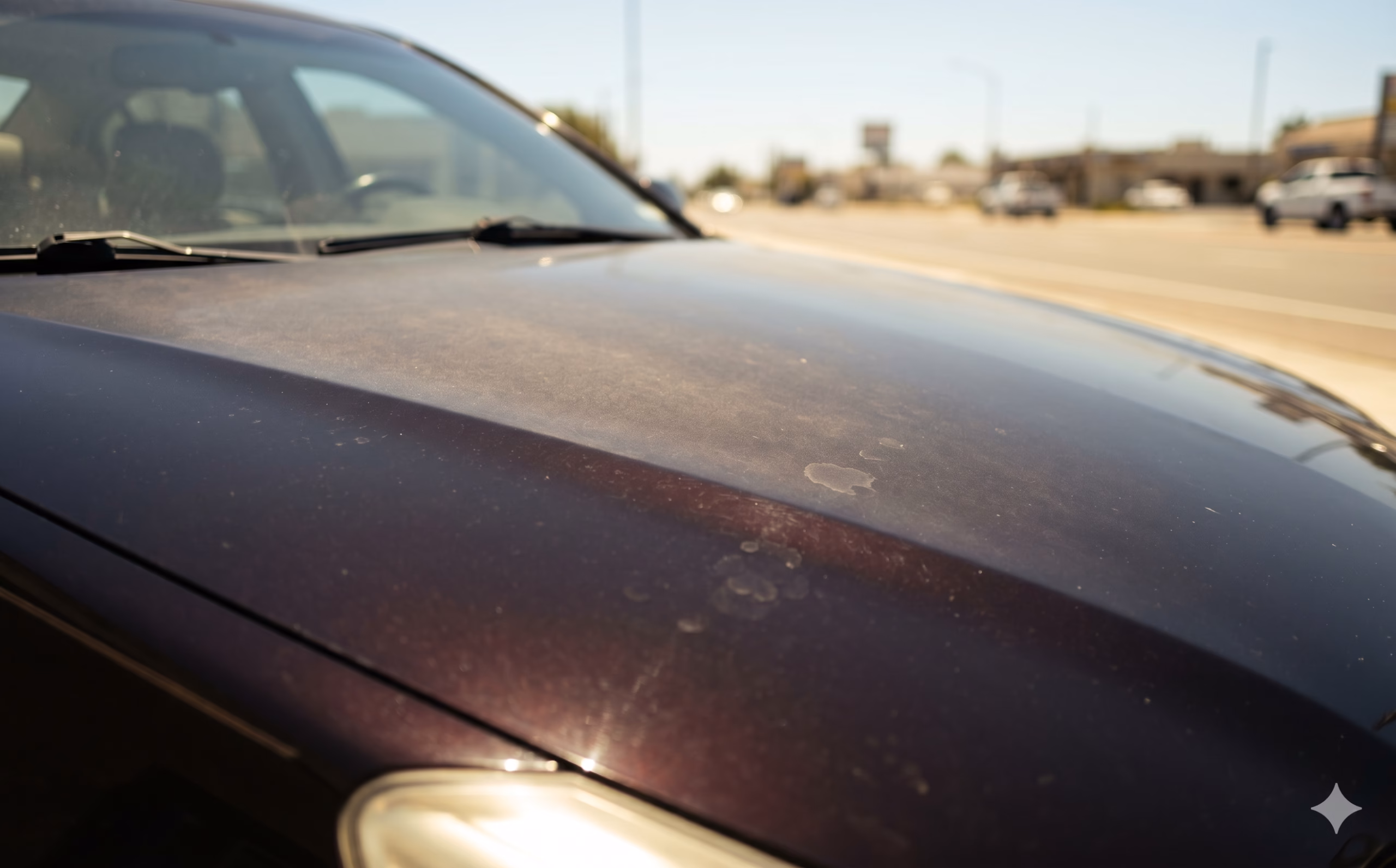 A close-up of a dark-colored car hood in direct California sunlight, showing faint paint dulling and water spot residue from heat exposure.