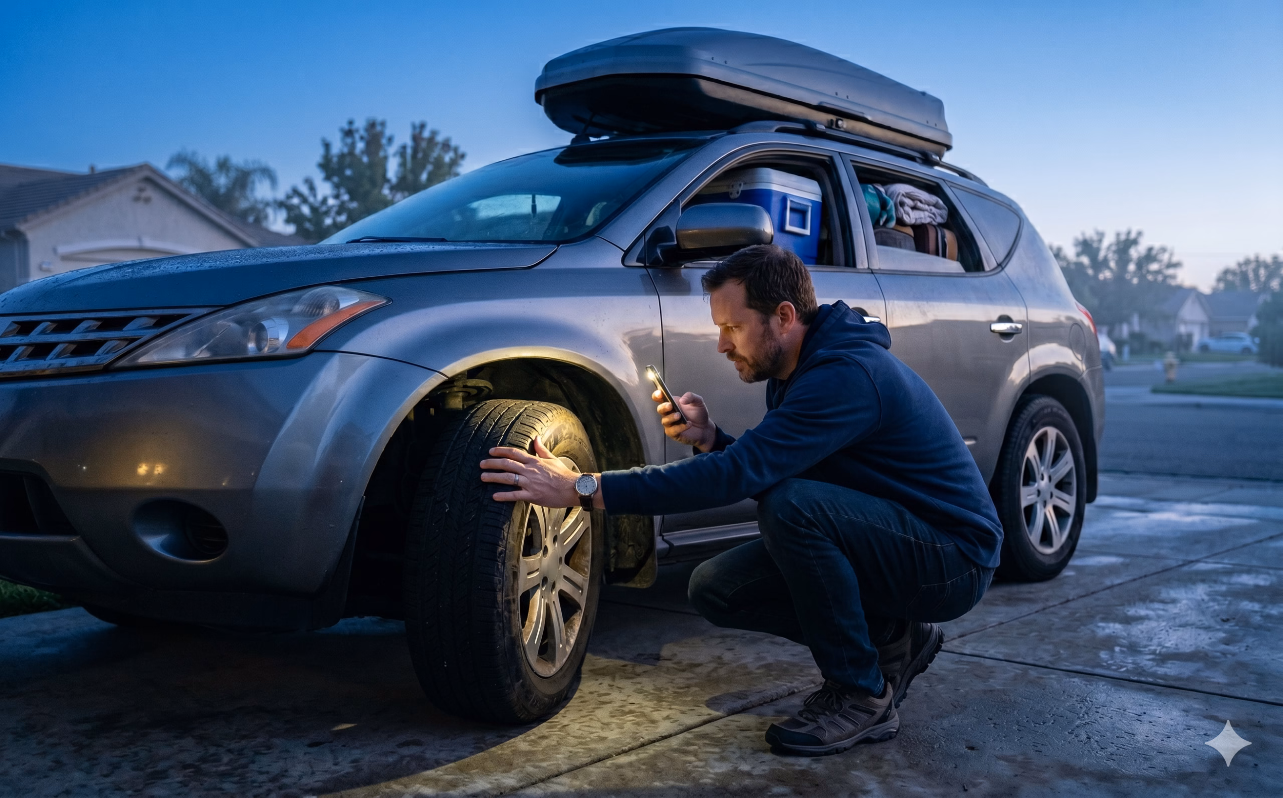 An owner crouching by the front wheel of a fully packed family SUV in the driveway at dawn, doing a final walkaround before a long road trip.