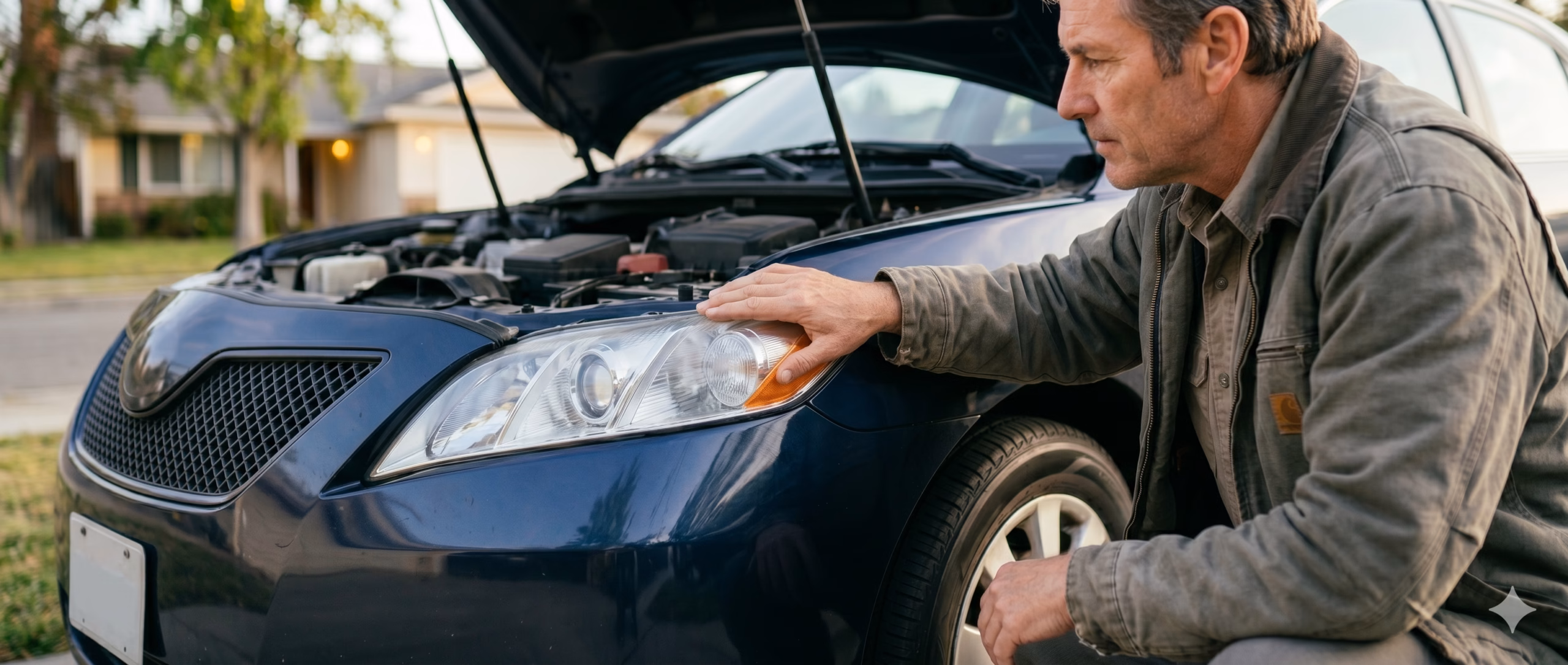 A parent crouching by the front of a sedan in morning light, checking headlight clarity and tire condition before a long drive.
