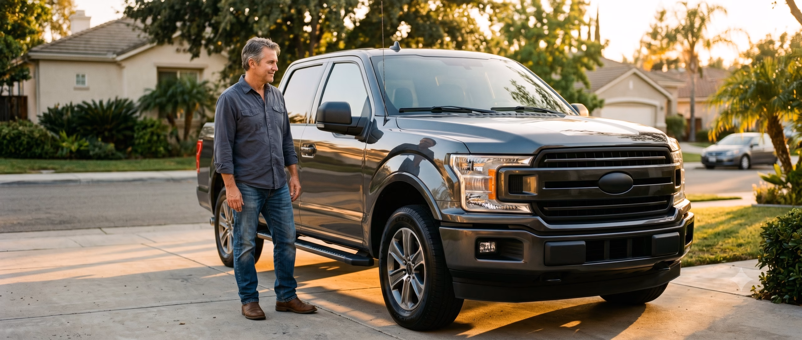A father in his 50s standing next to a freshly detailed pickup truck in a suburban driveway during warm evening light, looking at the truck with a quietly pleased expression.
