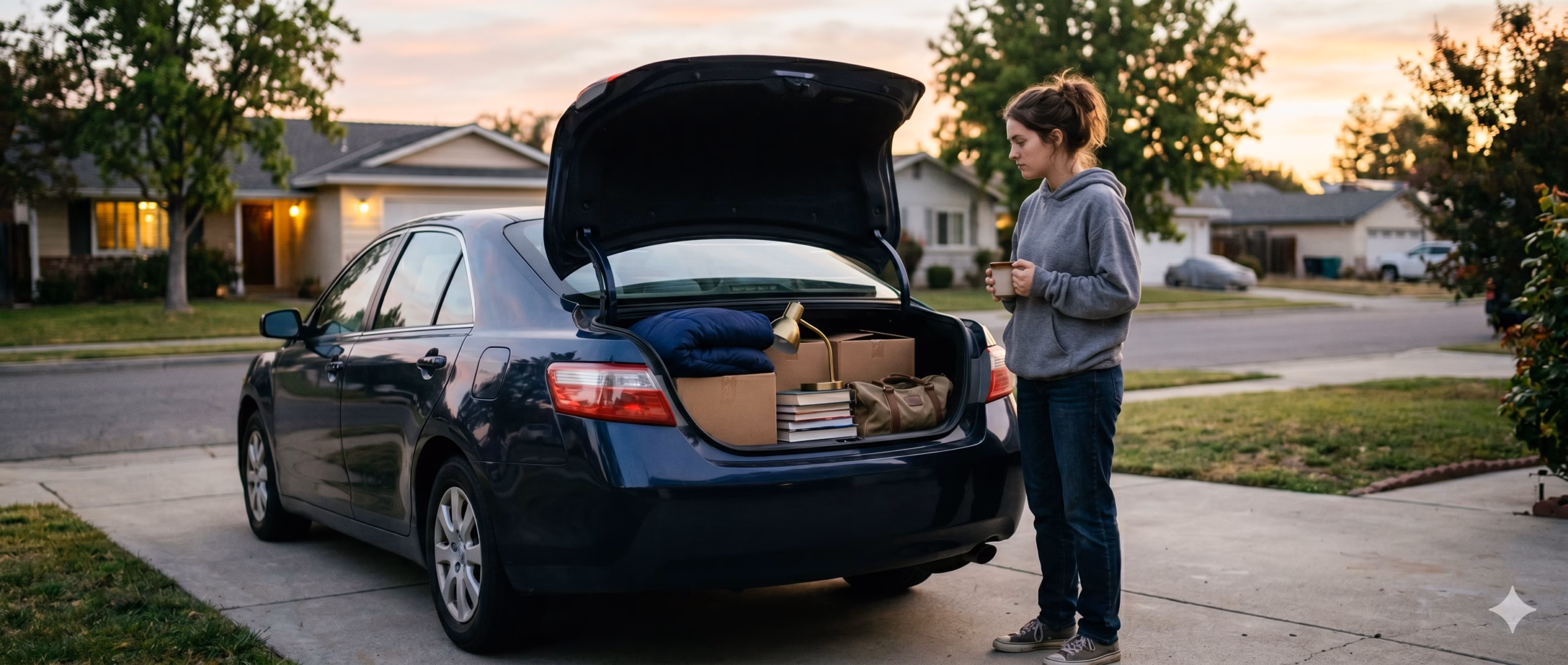 A young adult standing beside a packed sedan in a suburban California driveway at dawn, the trunk open and dorm boxes visible inside, ready for a long-distance drive.