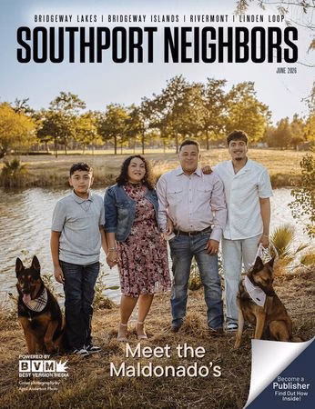 Southport Neighbors magazine cover for June 2026 featuring the Maldonado family — Frank, his wife, and their sons with two dogs at sunset by the water.
