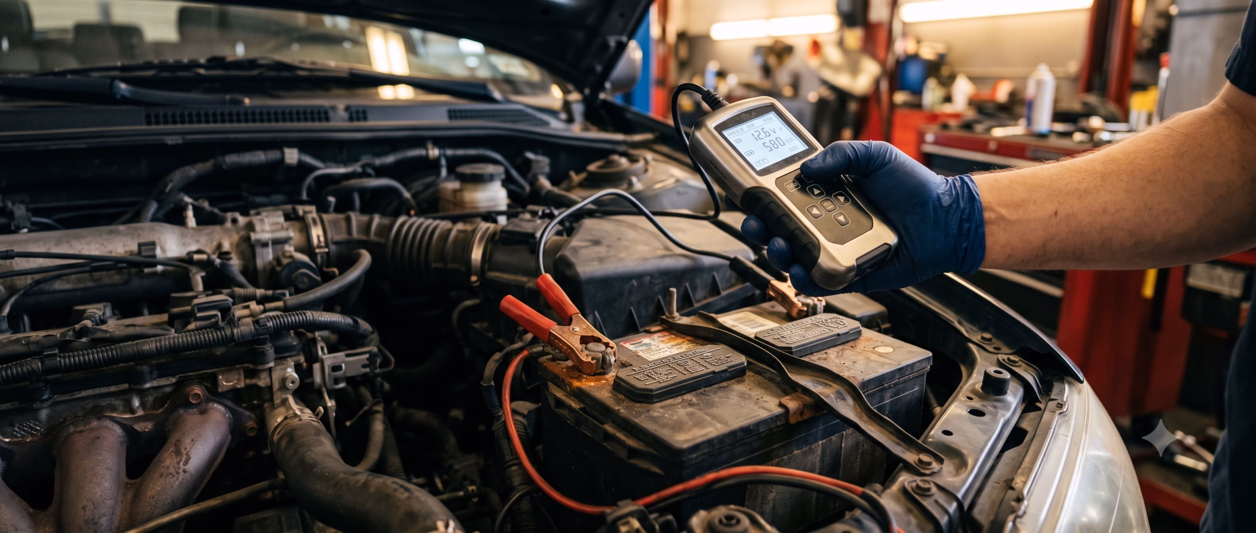 A car battery in an engine bay being tested with a digital handheld battery tester displaying voltage and CCA readings, warm shop lighting from above.