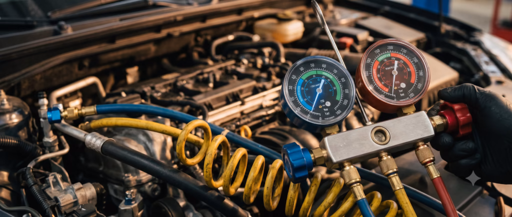Refrigerant gauges on service port Refrigerant gauges on service port
