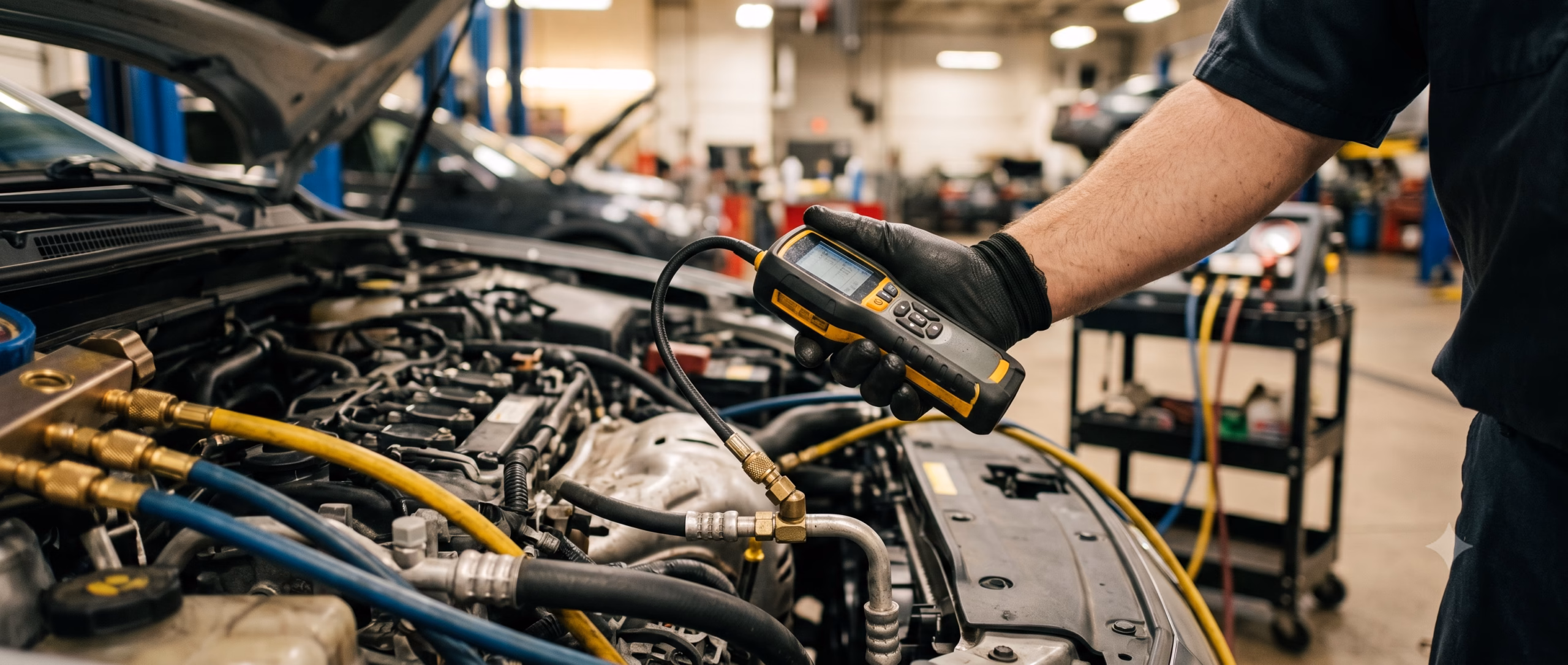 A technician diagnosing a car's A/C system with digital manifold gauges and a diagnostic scanner, engine bay open, warm shop lighting on the tools and hands.
