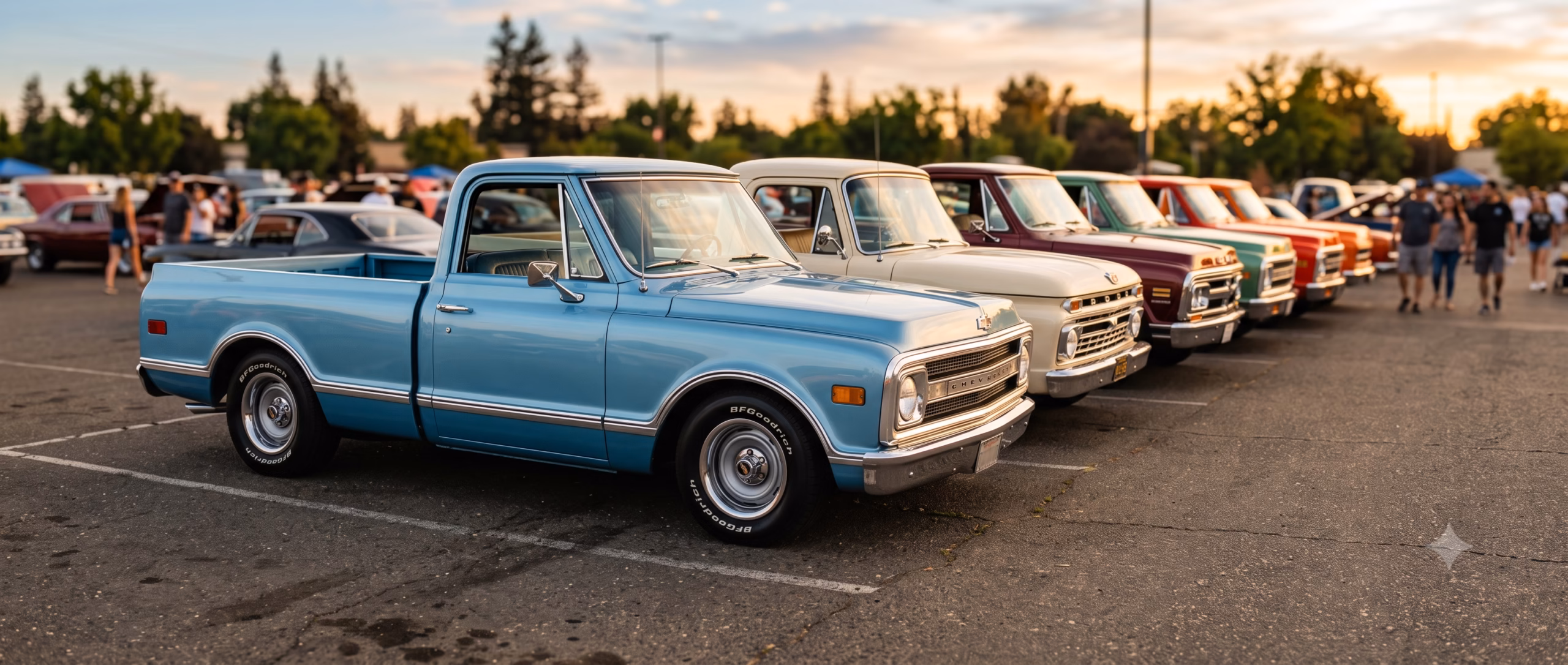 A row of vintage American classic trucks and hot rods parked at a Sacramento car show in warm summer late-afternoon light — a restored blue Chevy C-10 pickup, a lowered classic truck with polished chrome bumpers, sunset glow on their finishes.