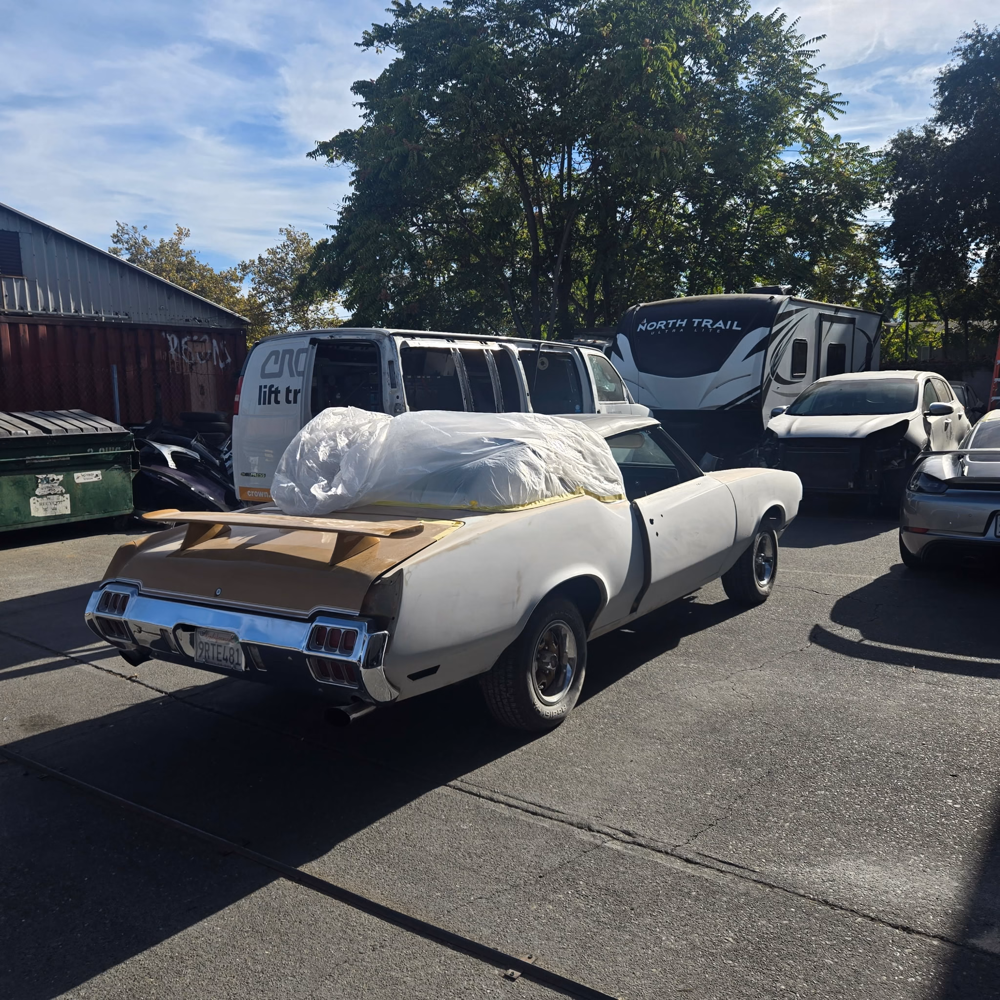 Classic muscle car convertible body and paint restoration in progress at Rippers Body Shop, West Sacramento CA